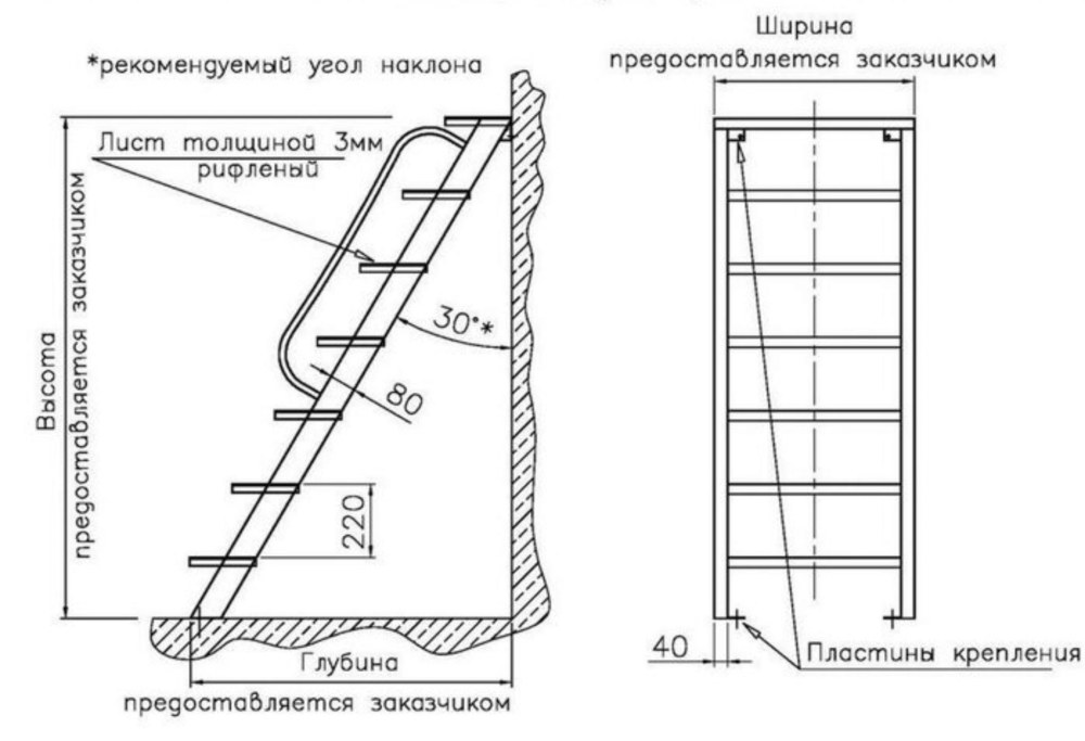 Чертеж приставной деревянной лестницы