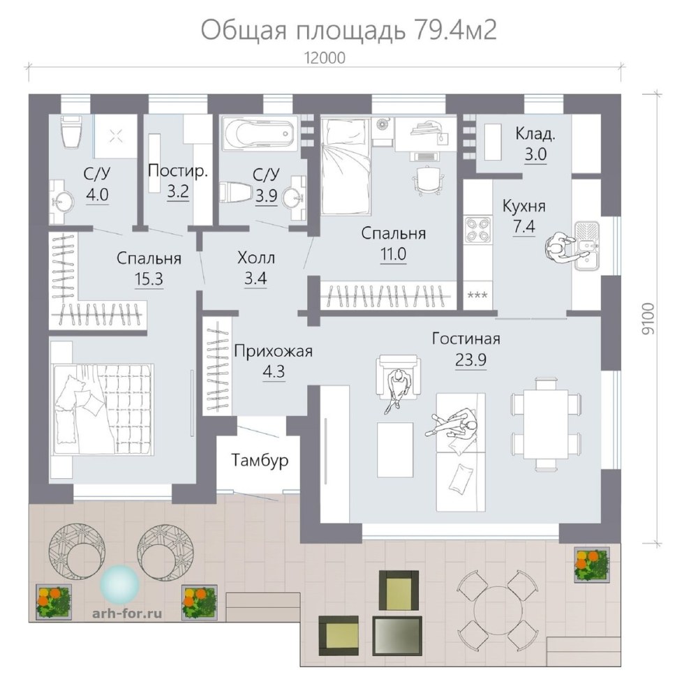 Дом 80 кв.м одноэтажный с 2 спальнями и котельной план