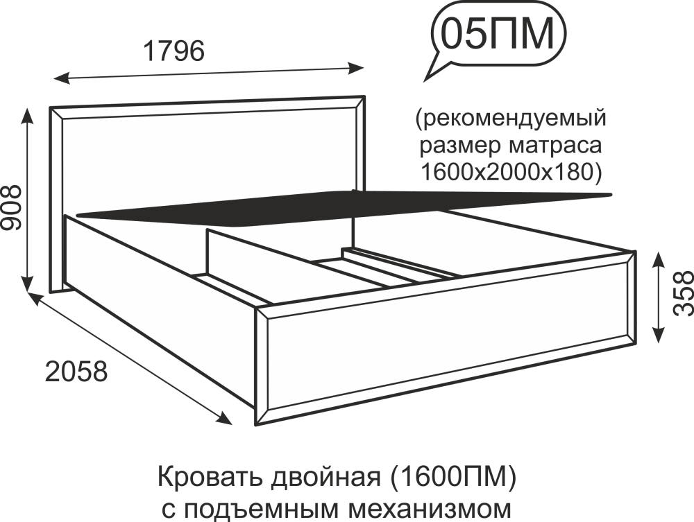 Кровать с подъемным механизмом 160х200 схема габаритов