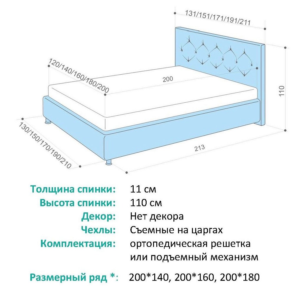 Габариты кровати 160х200 Аскона Моника