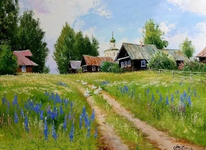 Художник Пятин Олег картина деревенский пейзаж