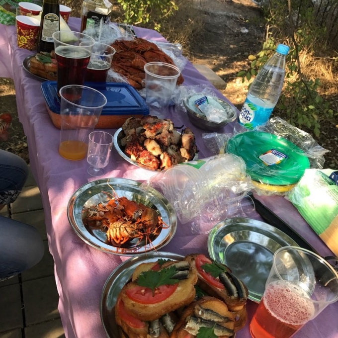 Стол на даче с шашлыками