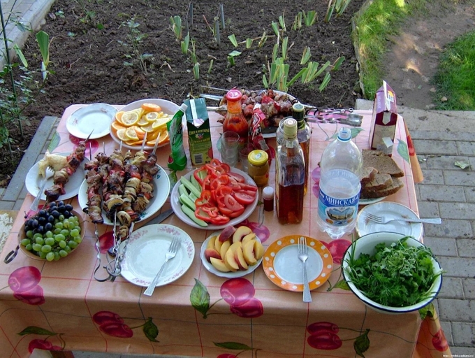Стол на природе с шашлыками
