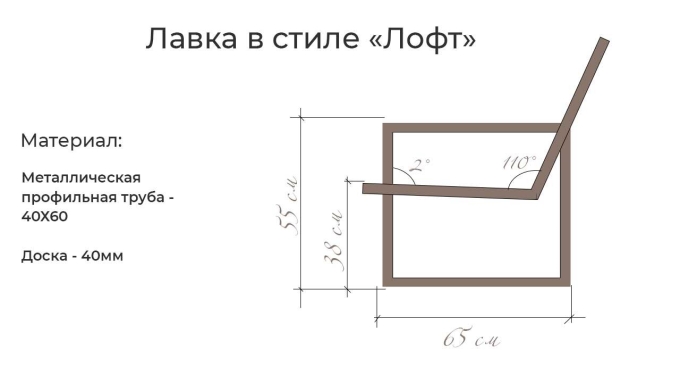Чертёж скамейки со спинкой из профильной трубы