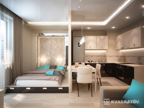 Кухня студия с кроватью