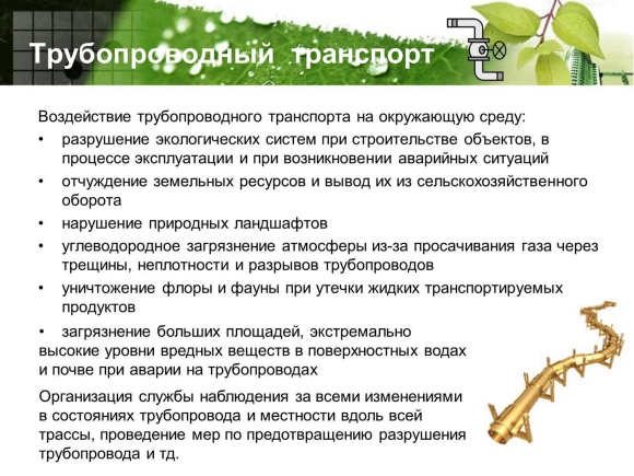 Влияние транспорта на окружающую среду трубопроводного транспорта