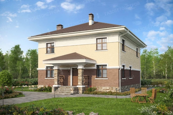 Двухэтажный дом с четырехскатной крышей