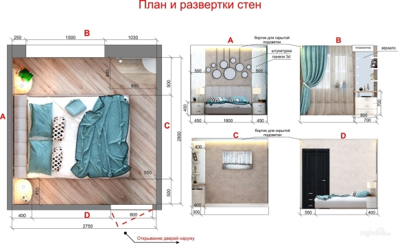 План спальни с размерами
