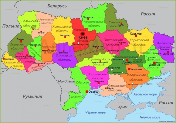 Политическая карта Украины с областями