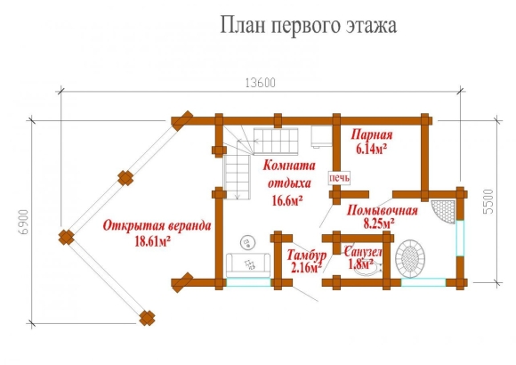 Проект бани с барбекю под одной крышей угловой
