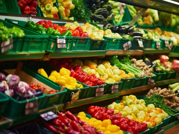 Полки магазина с продуктами