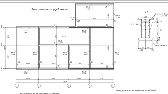 План ленточного монолитного фундамента чертеж