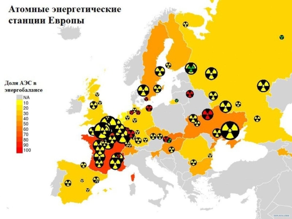 Атомные станции в Европе на карте