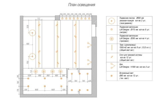 Трековая система освещения на чертеже