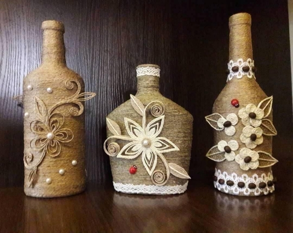 Декор бутылки из джута