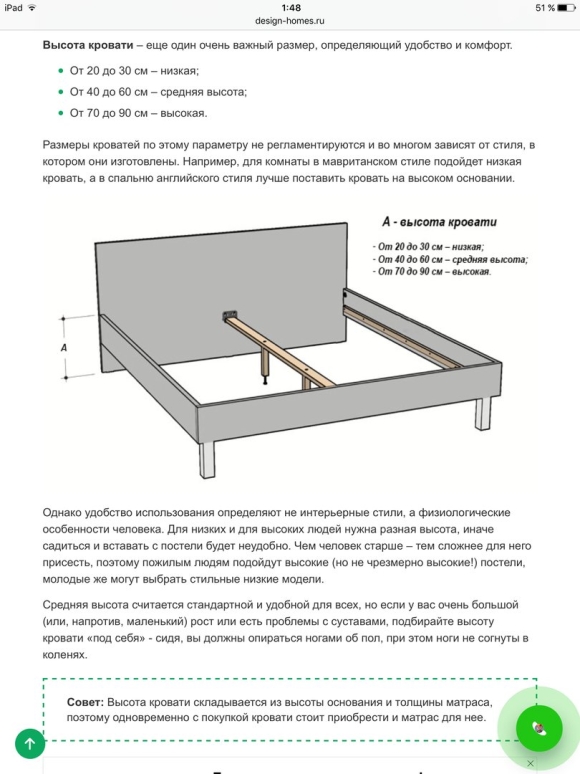 Высота кровати от пола стандарт