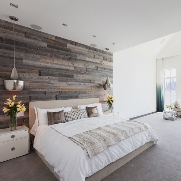 Ламинат на стене в интерьере спальни