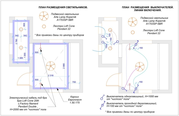 Схема расположения светильников