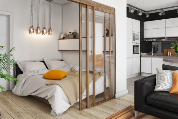 Зонирование комнаты стеклянной перегородкой