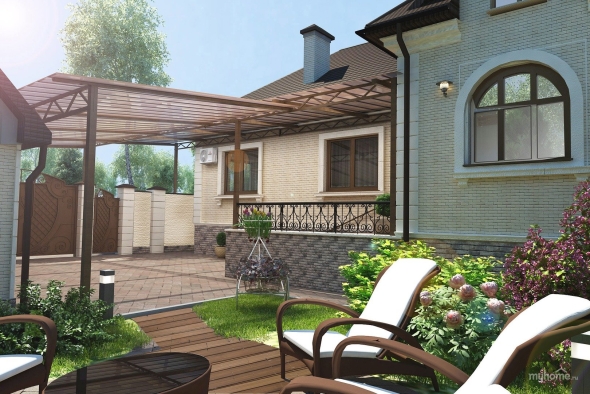 Дизайн двора частного дома с навесом для машины и террасой